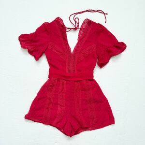 Chicways Red Lace Polka Dot Romper S Puff Sleeve Tie Back Lined Festival